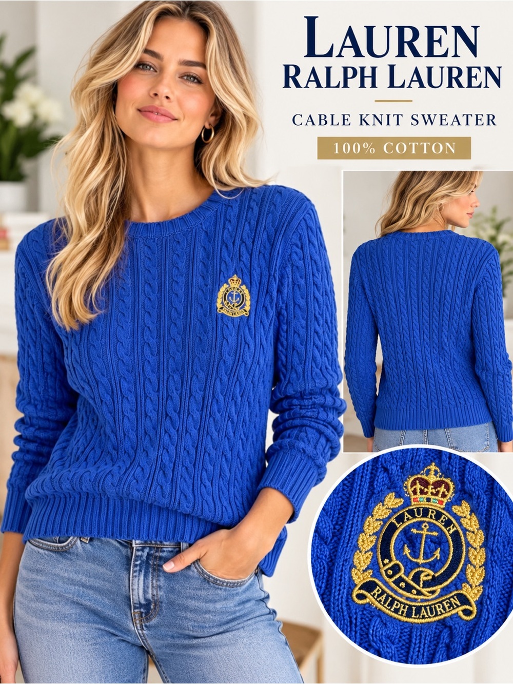 Lauren Ralph Lauren Cable Knit Crest Sweater Blue Cotton Size Medium